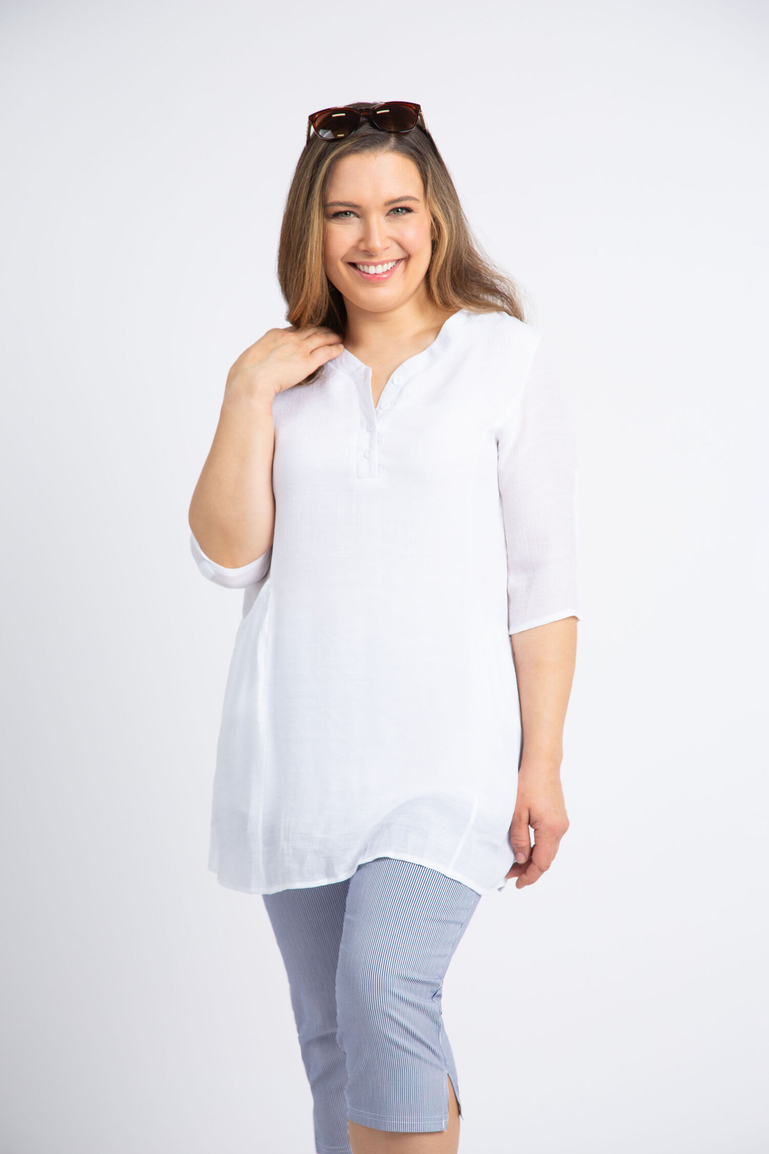 Elbow Sleeve Henley Neck Tunic Blouse Image 1