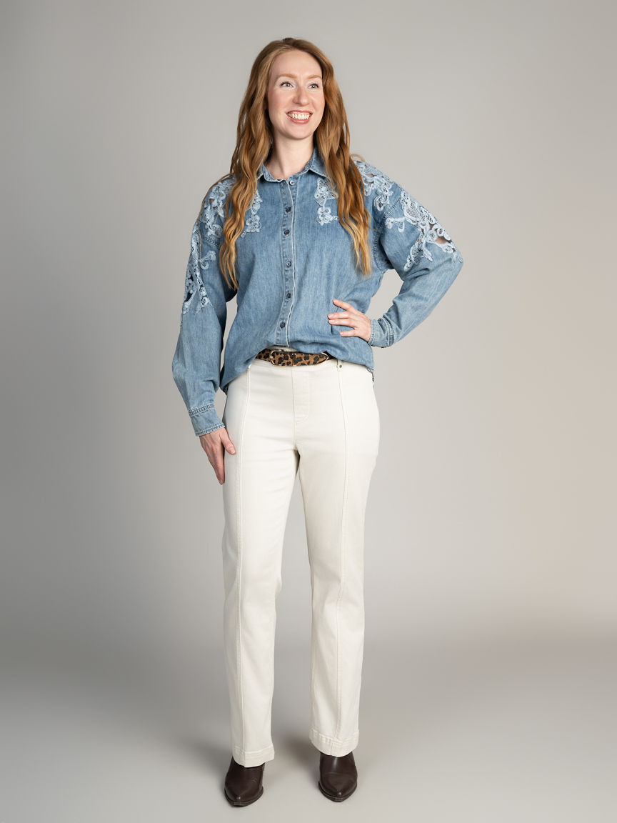 Lace Shoulder Denim Blouse