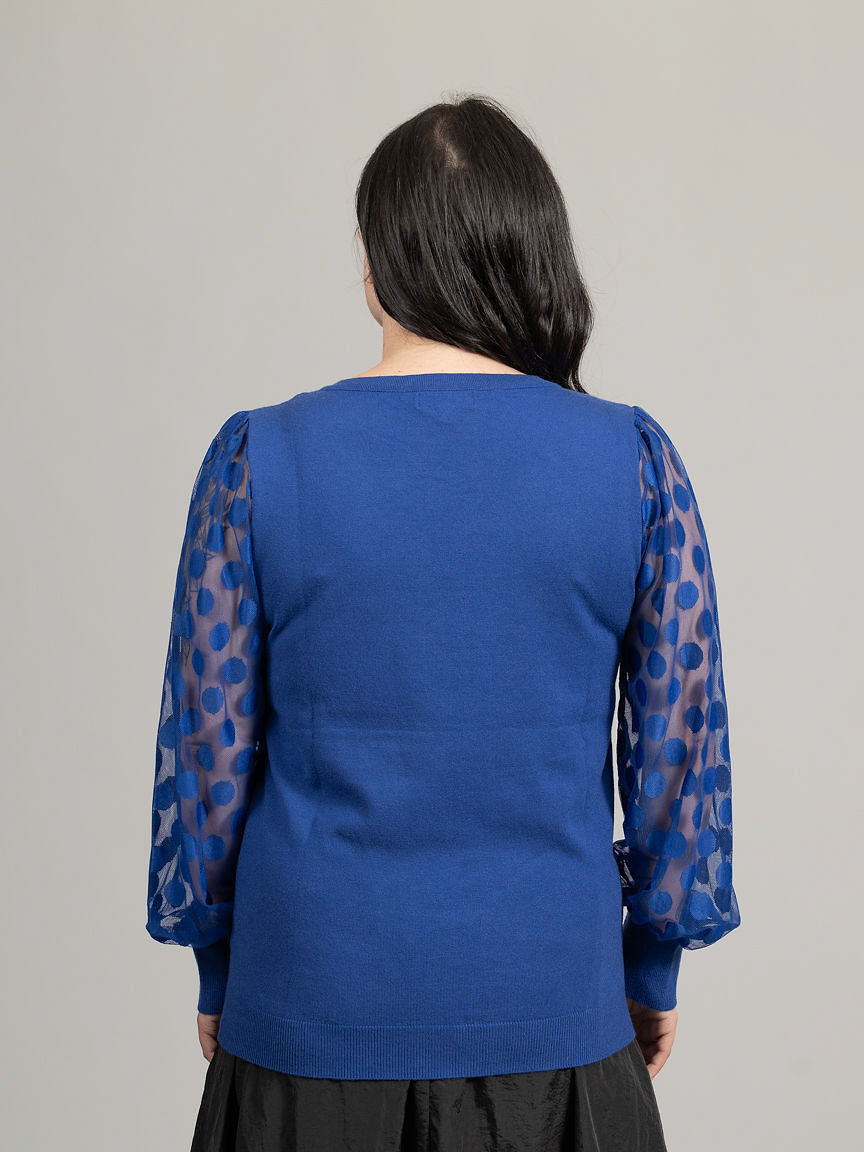 Black V-Neck Sweater w/ Sheer Polka Dot Sleeves