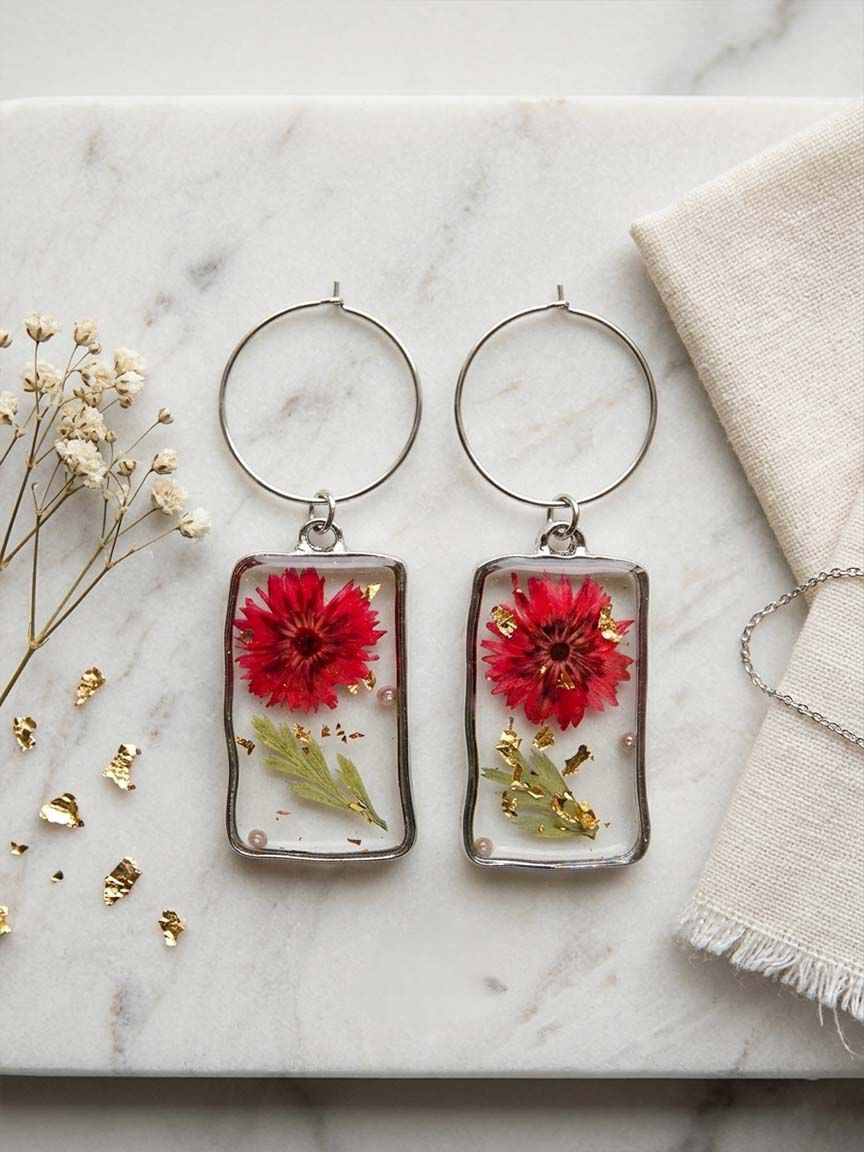 Hoop Earrings with Resin Flowers Hanging