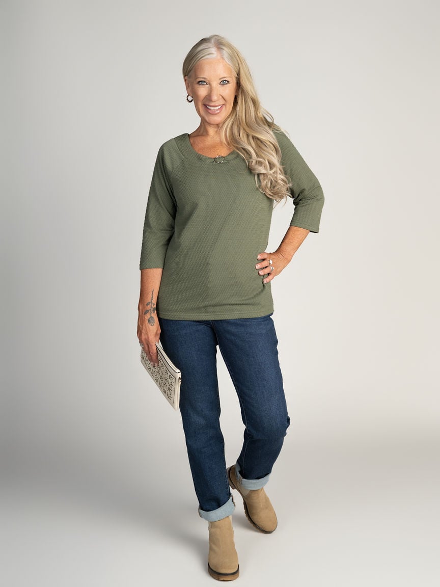 3/4 Sleeve Textured Knit top with round neckline and Silver ring Image 4