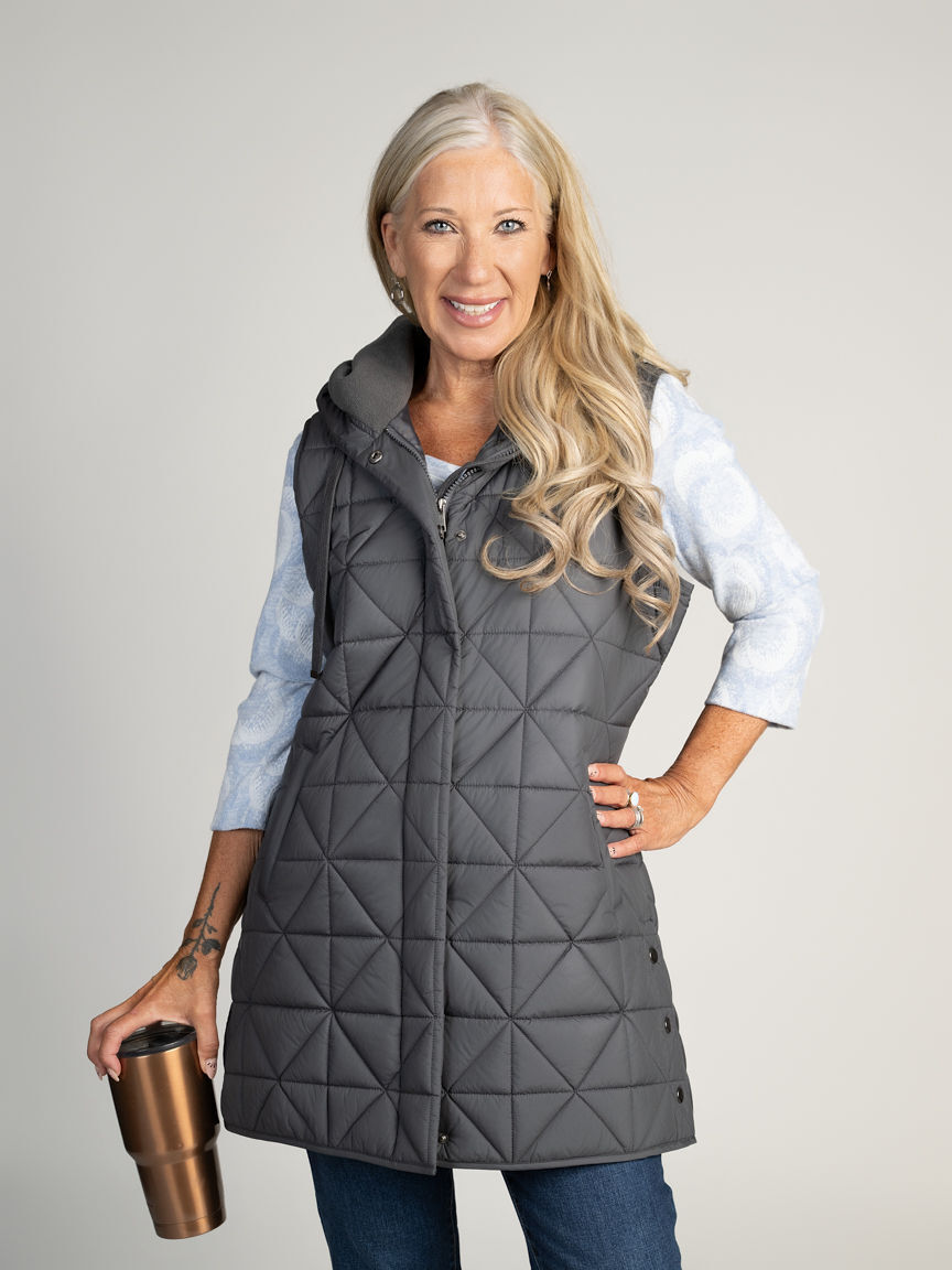 Grey Geometric Quilted Puffer Vest with Hood