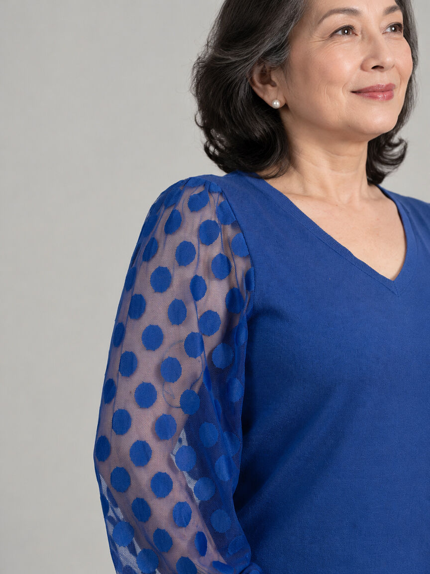 Black V-Neck Sweater w/ Sheer Polka Dot Sleeves
