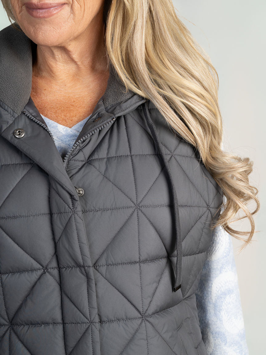 Grey Geometric Quilted Puffer Vest with Hood