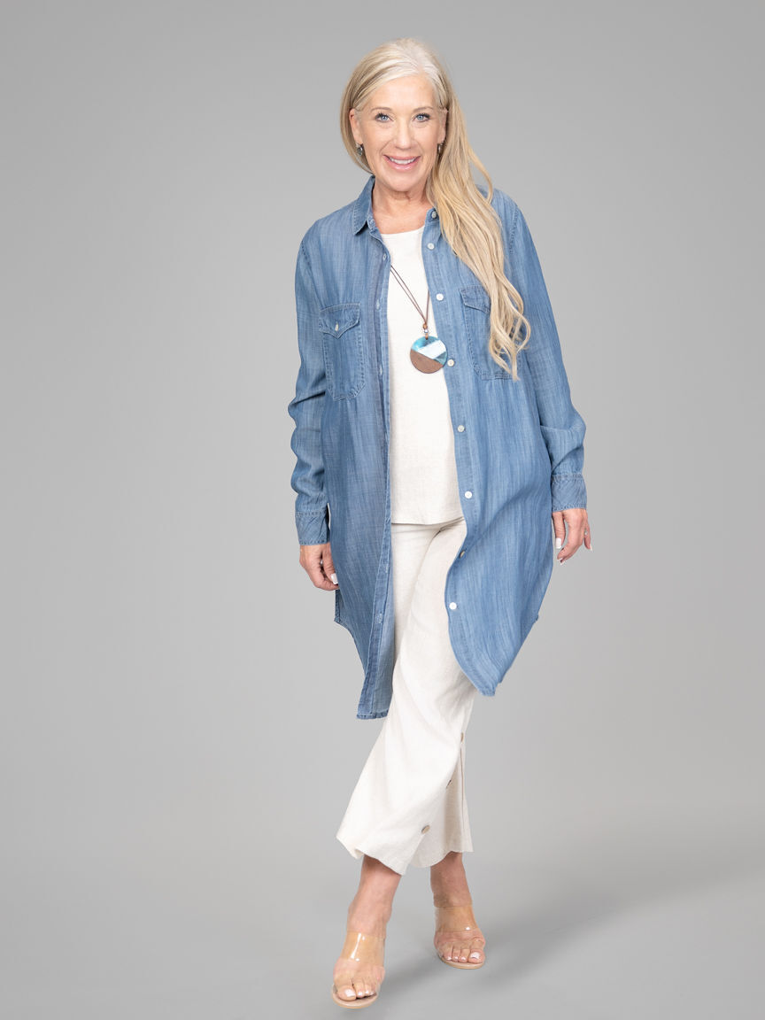 Long Sleeve Denim Tunic With Embroidered Back