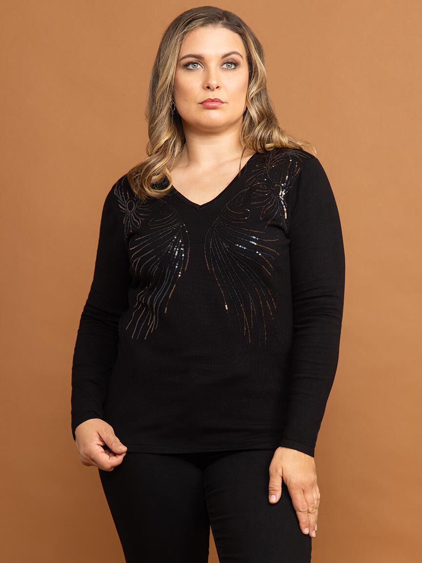 Sequin Butterfly V-Neck Top