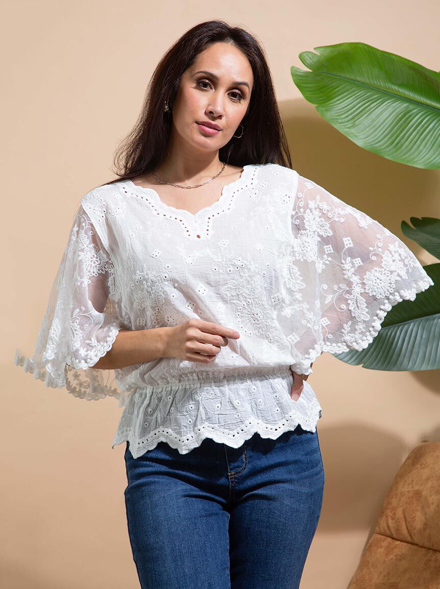 Cape Sleeve Cropped Eyelet Top Image 2