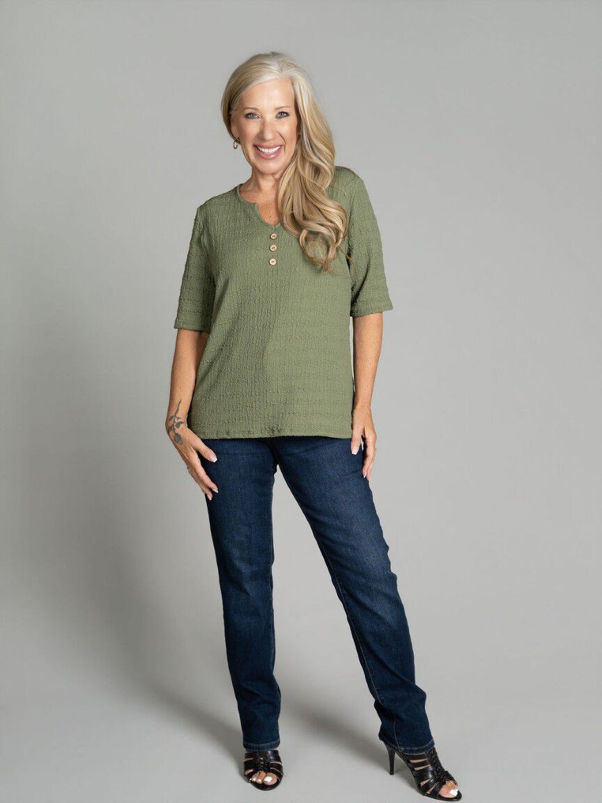 Notched Neck Elbow Sleeve Top Image 4