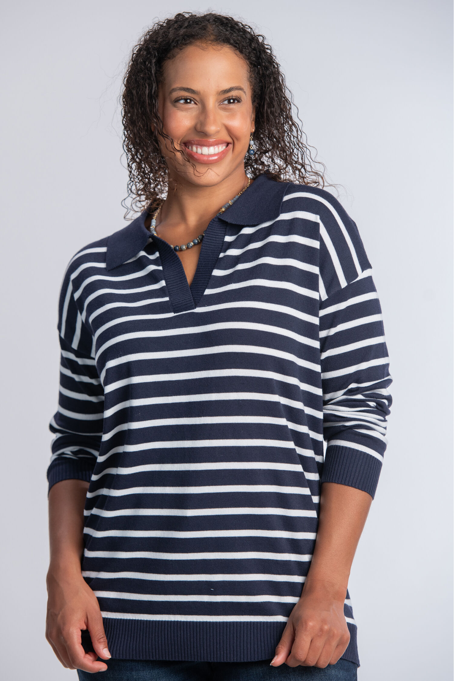Long Sleeve Collared Striped Sweater  Image 1