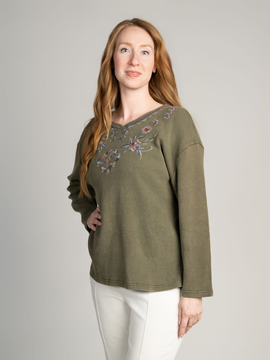 Embroidered Waffle Knit Top