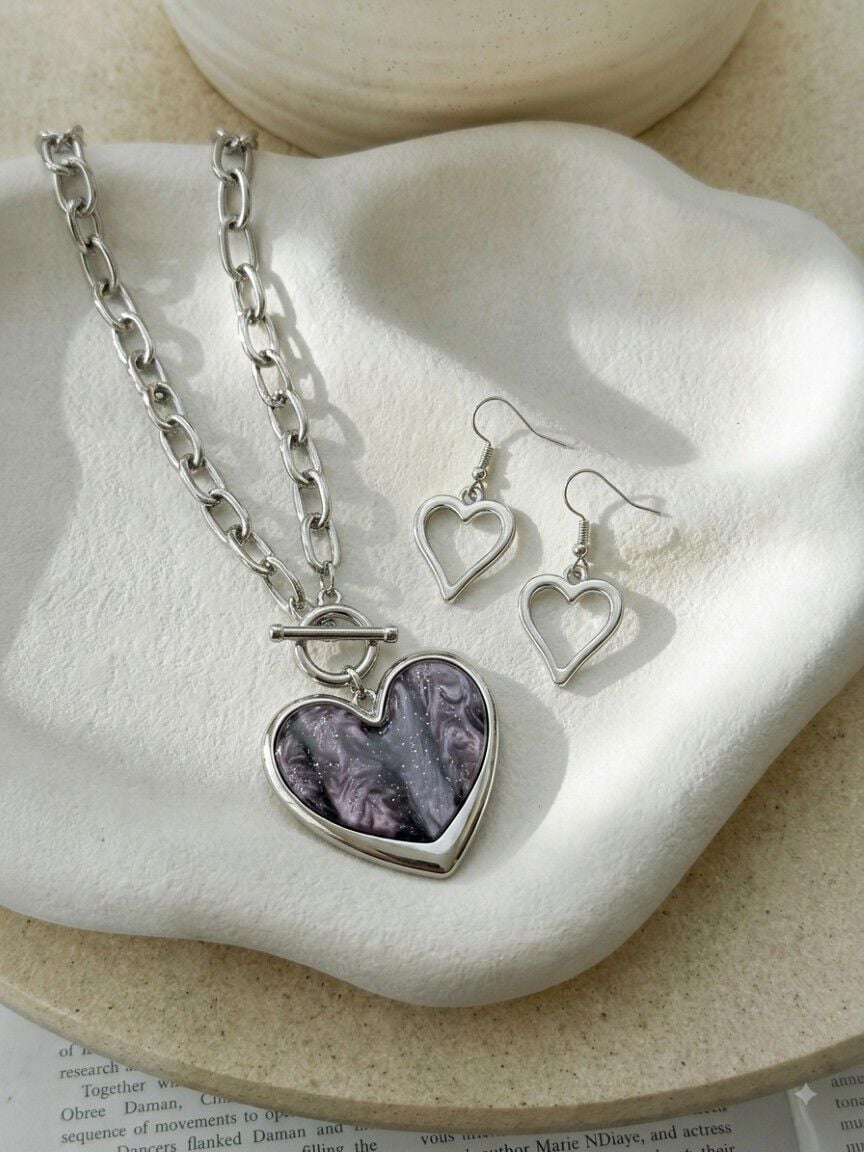 Layer Chain Necklace Set with Heart Pendants