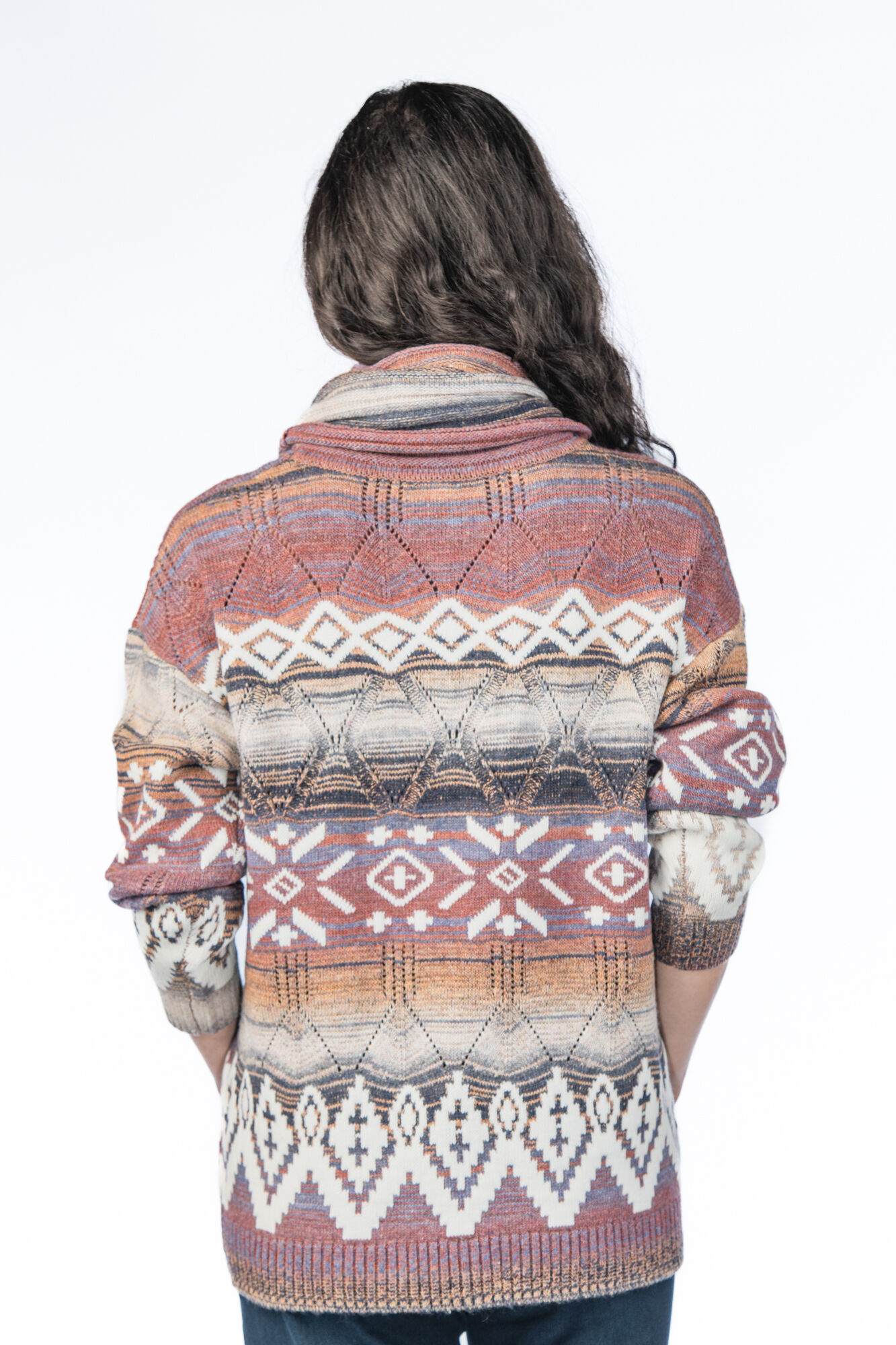 Colorful Cowl Turtleneck Tribal Printed Sweater Image 2