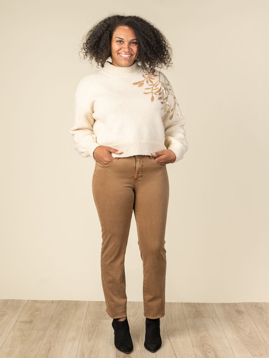 Sequin Floral Applique Mock Neck Sweater