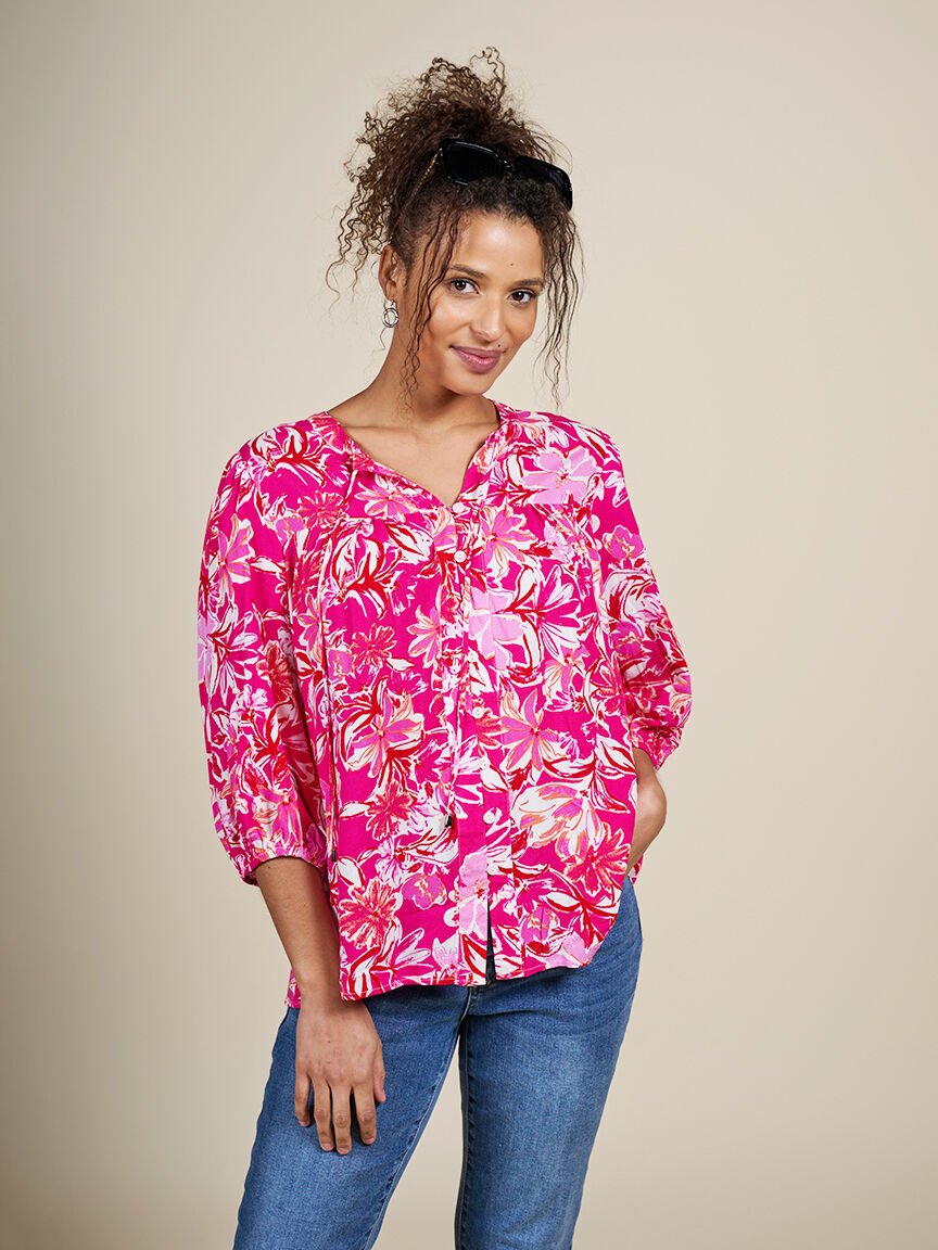 3/4 Sleeve Button Up Blouse with Tie Neck  Image 1