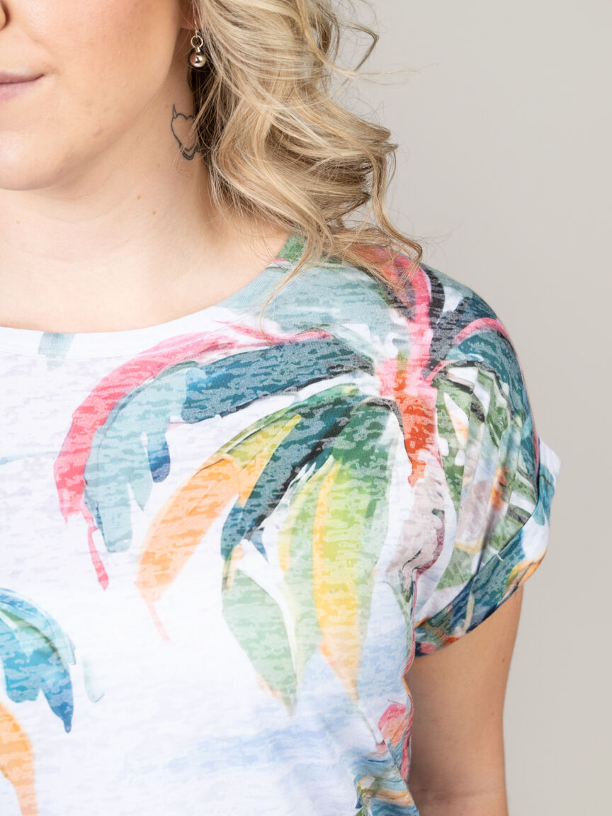 Beach Print Rolled Short Sleeve Top