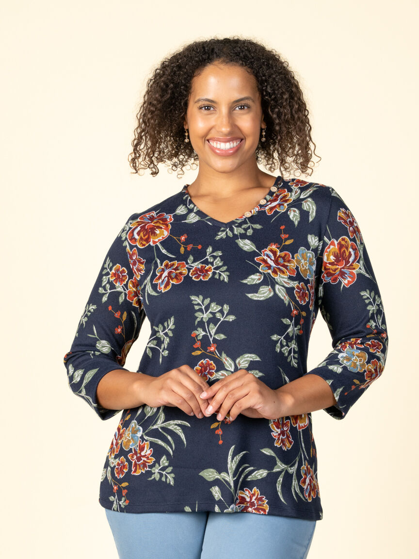 3/4 Sleeve V-Neck Floral Top Image 1