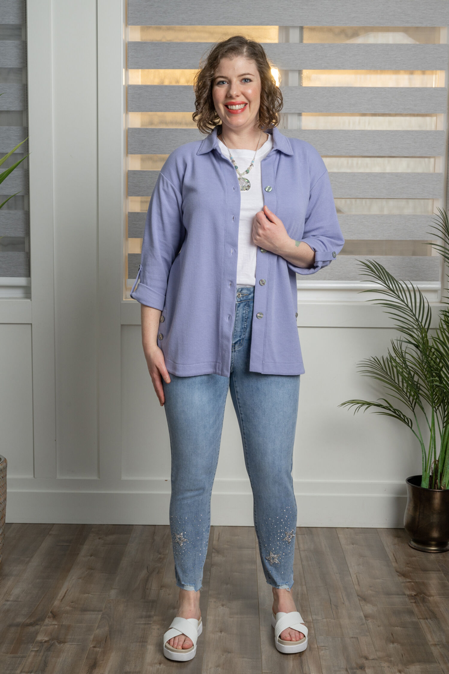 Button-Up Roll-Tab Sleeve Top Image 1