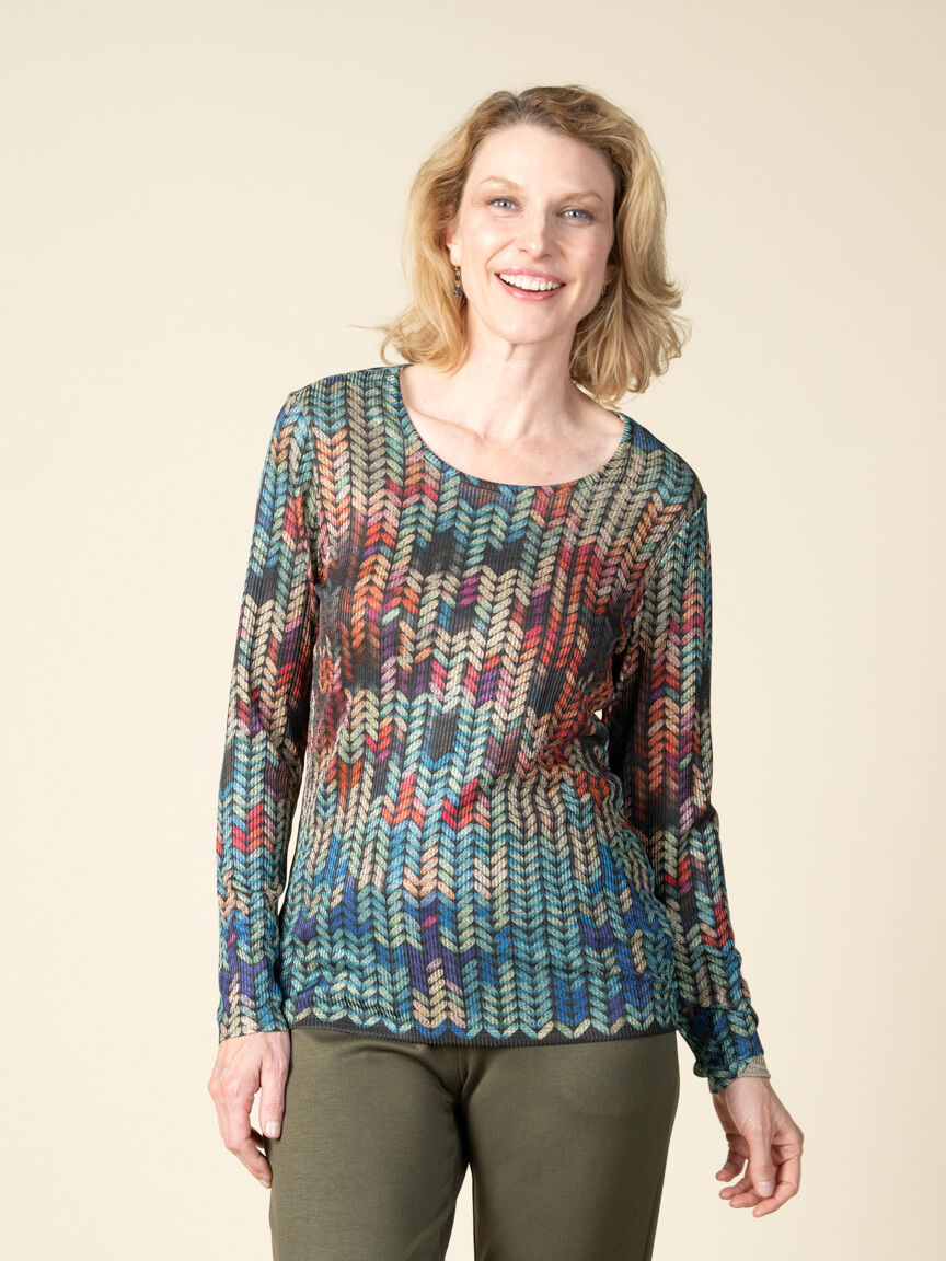 Long Sleeve Scoop Neck Colorful Pattern Top