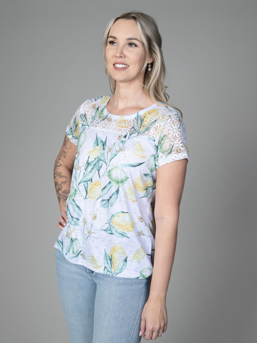 Lemon Print Lace-Shoulder Tee