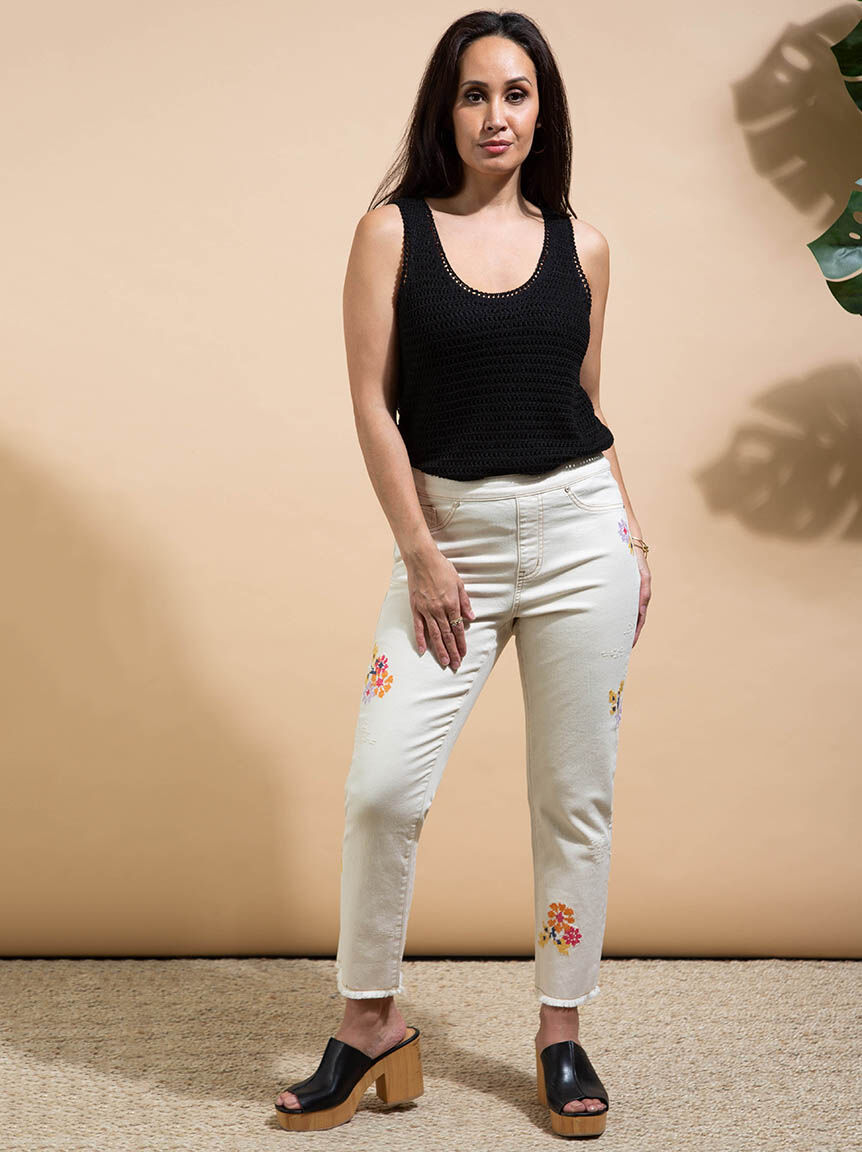 Pull On Cropped Jeans w/ Embroidery Image 1