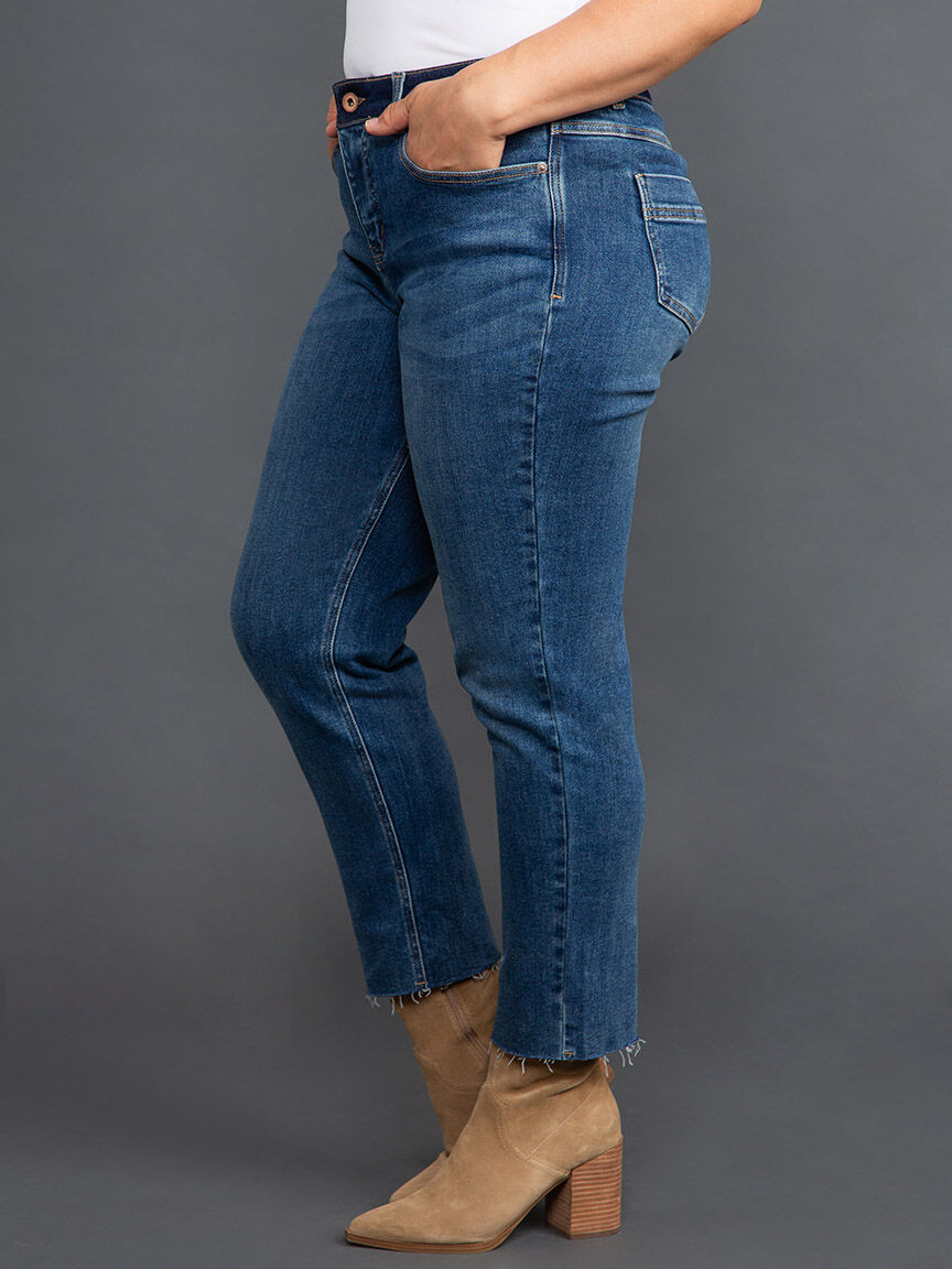 Audrey Girlfriend Straight Ankle Jeans w/ Contrast Waistband