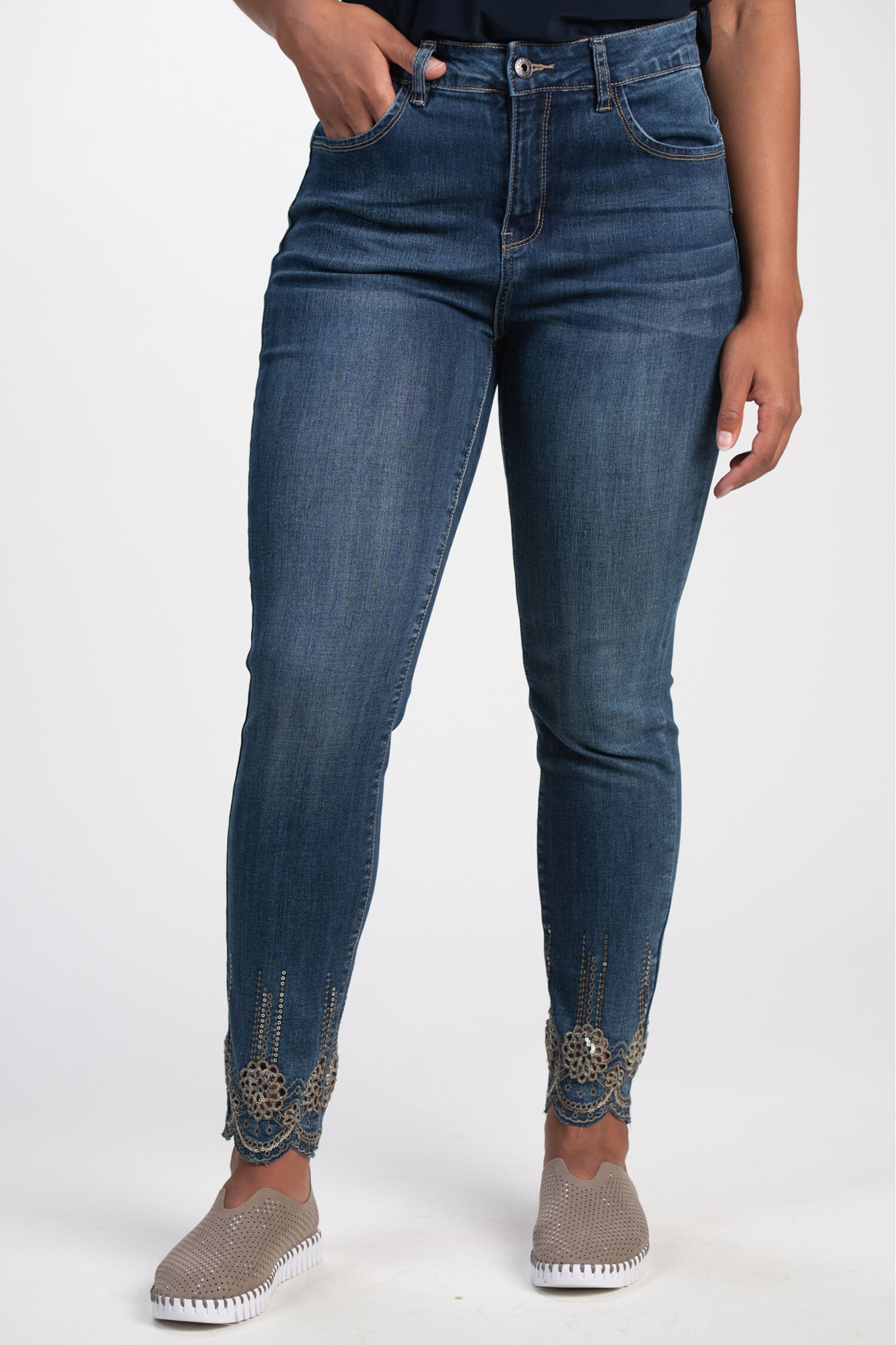 Scallop Hem Embroidered Jeans Image 1