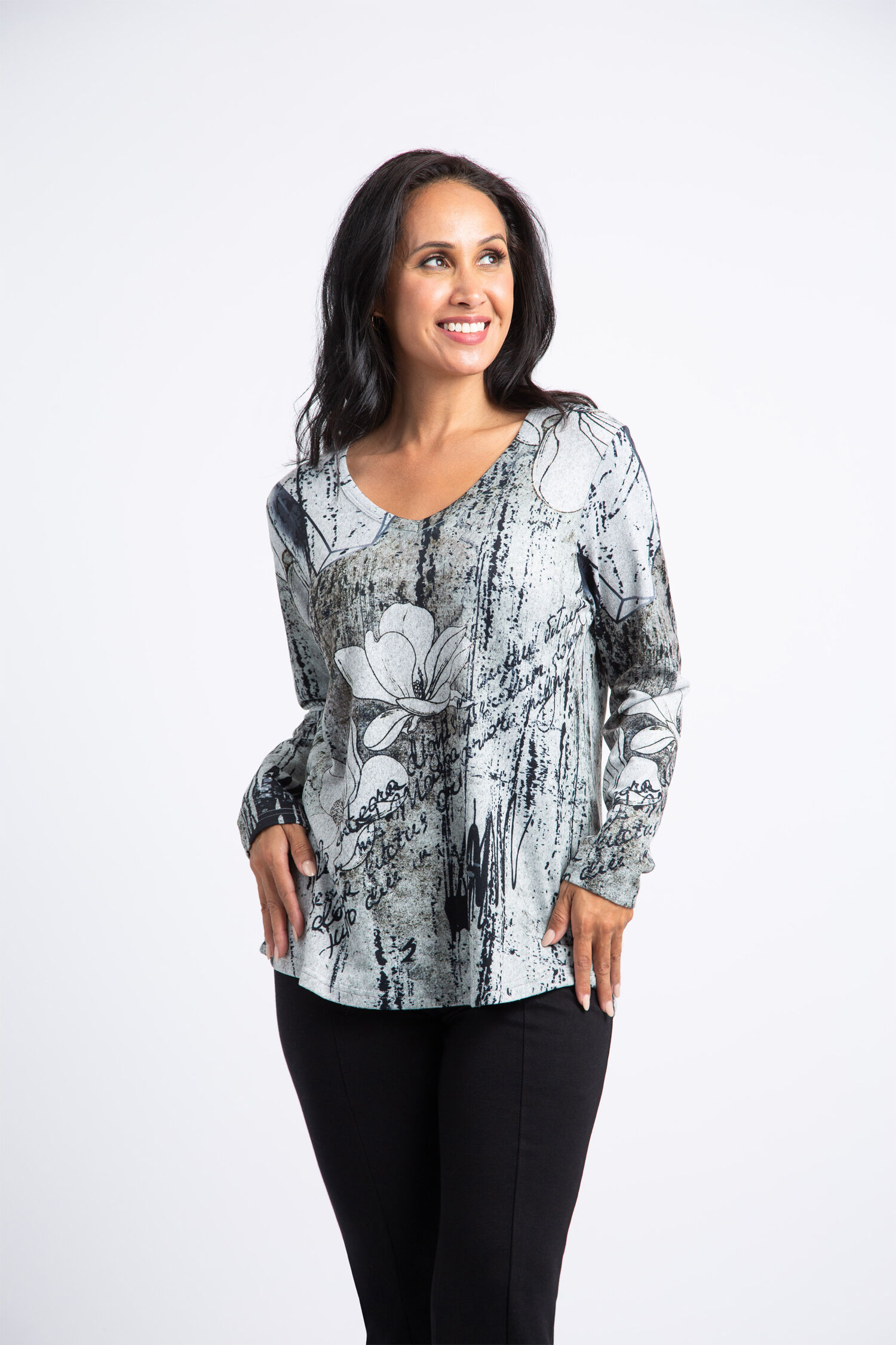 Long Sleeve V-Neck Top w/ Flowers Image 1