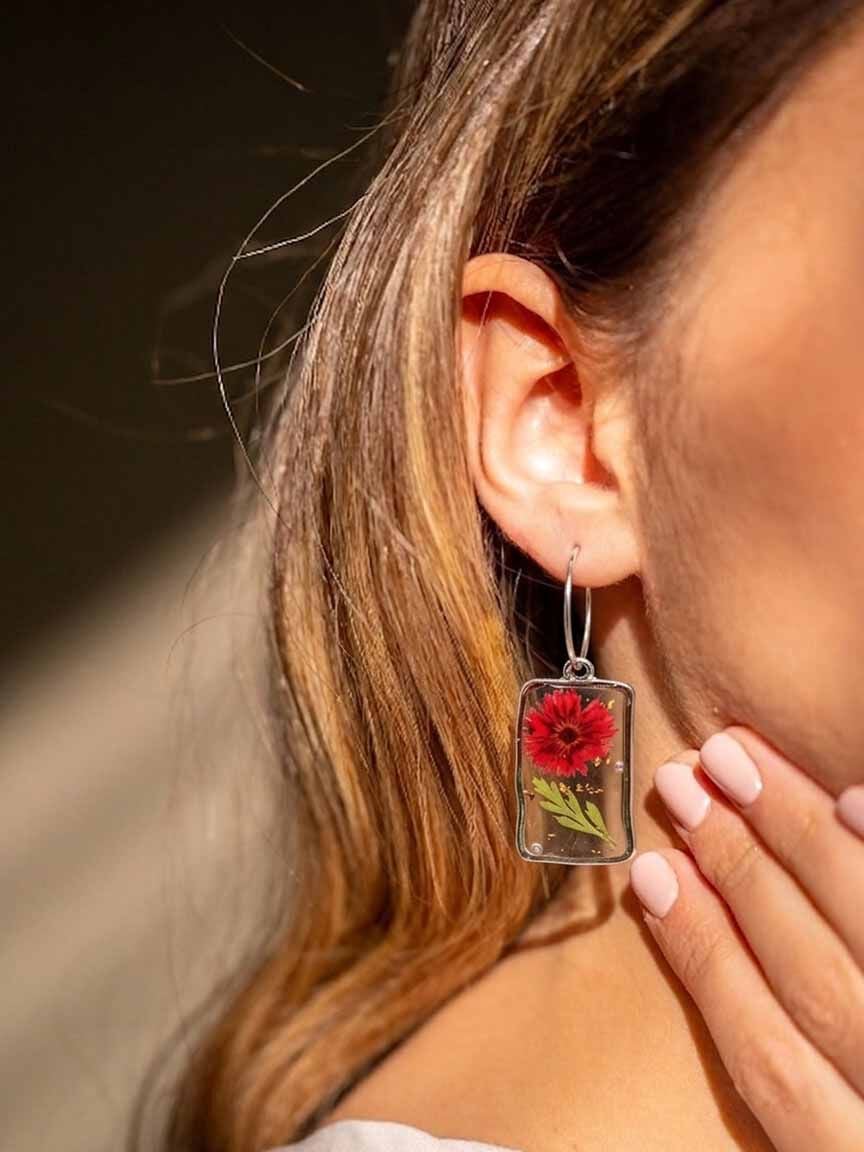 Hoop Earrings with Resin Flowers Hanging
