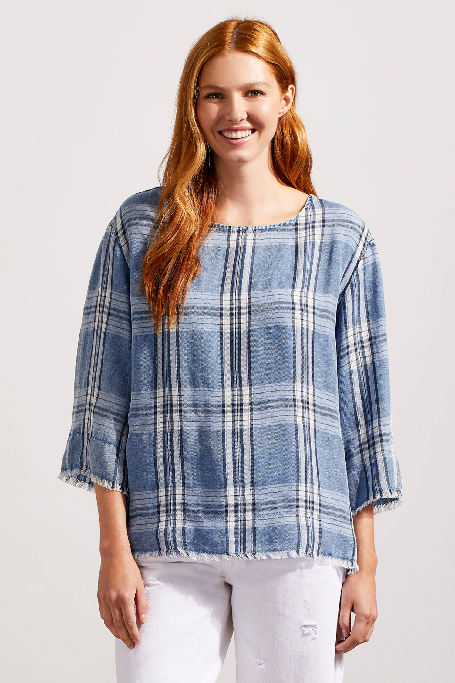 Plaid Tencel Blouse w/ Fringe Image 1