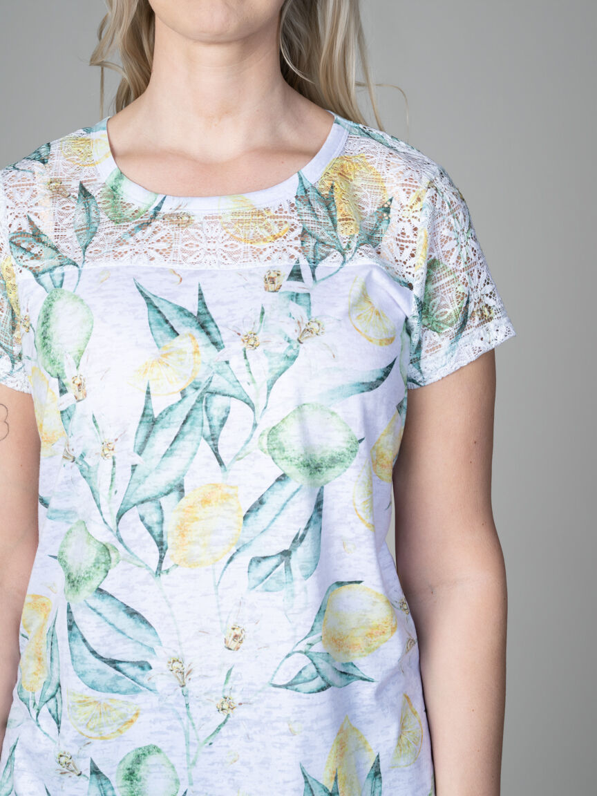 Lemon Print Lace-Shoulder Tee