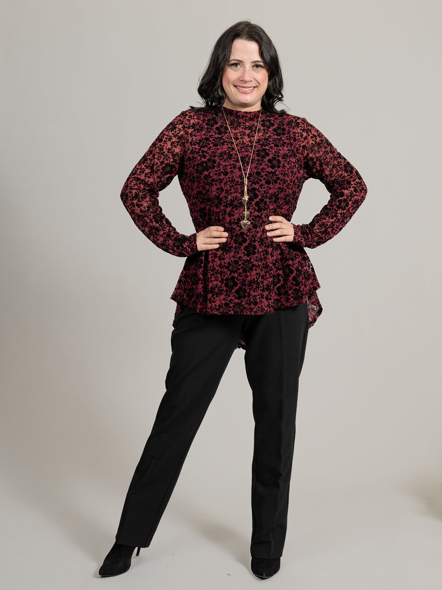 Long Sleeve Floral Burnout High-Low Blouse