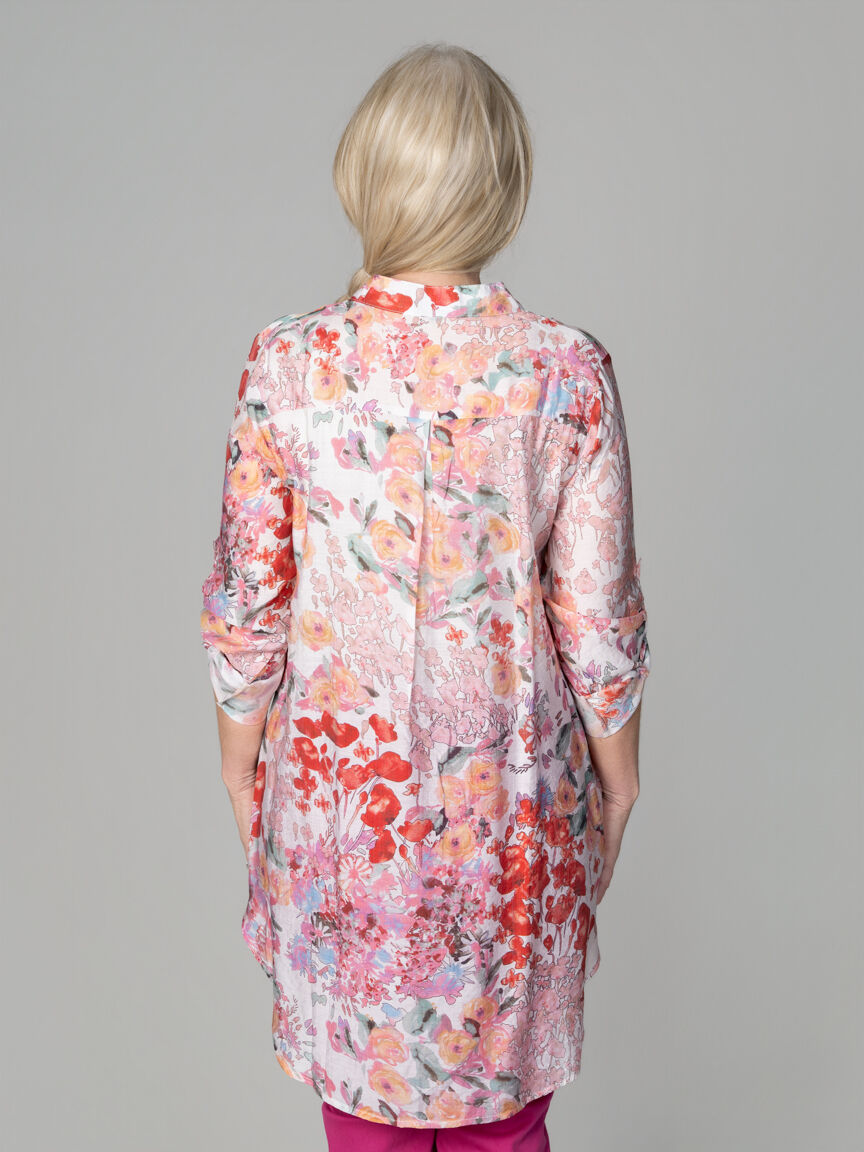 Long Sleeve Floral Tunic With Roll Tabs