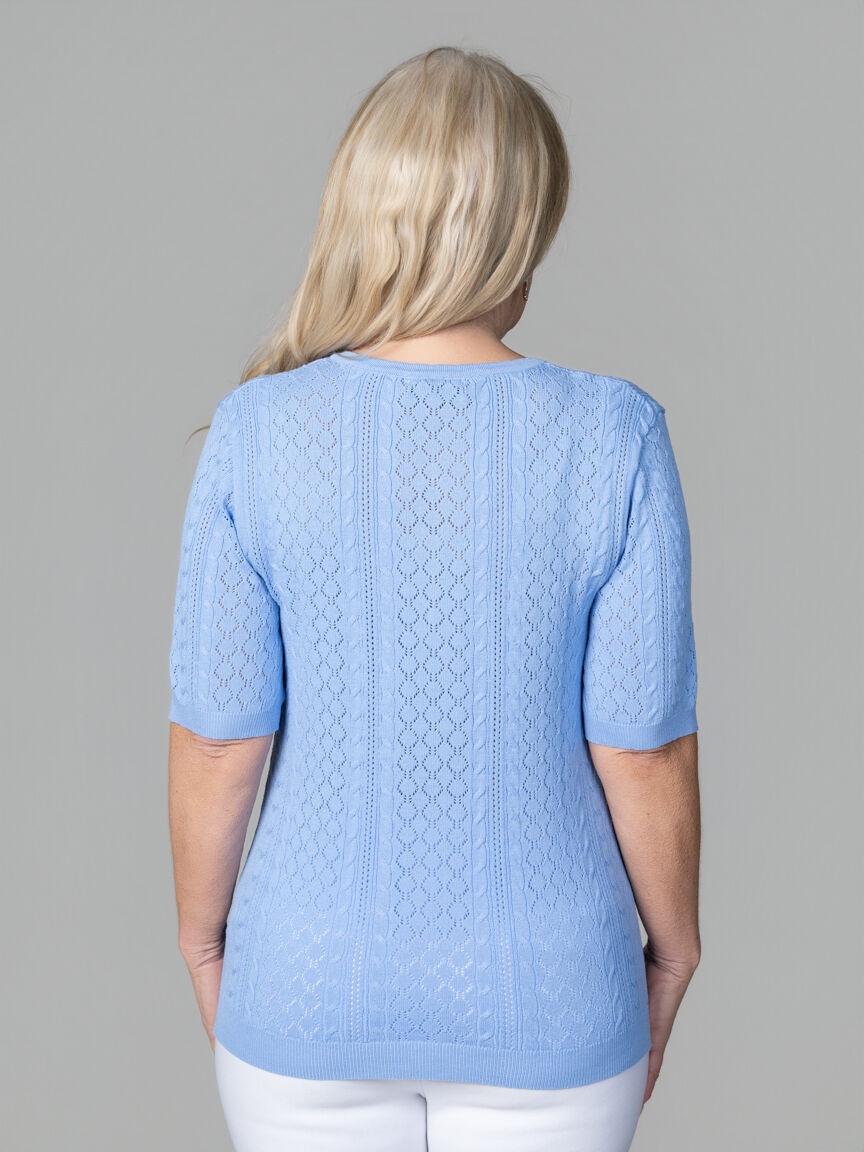 Short Sleeve Polo Sweater With Scalloped Collar Trim