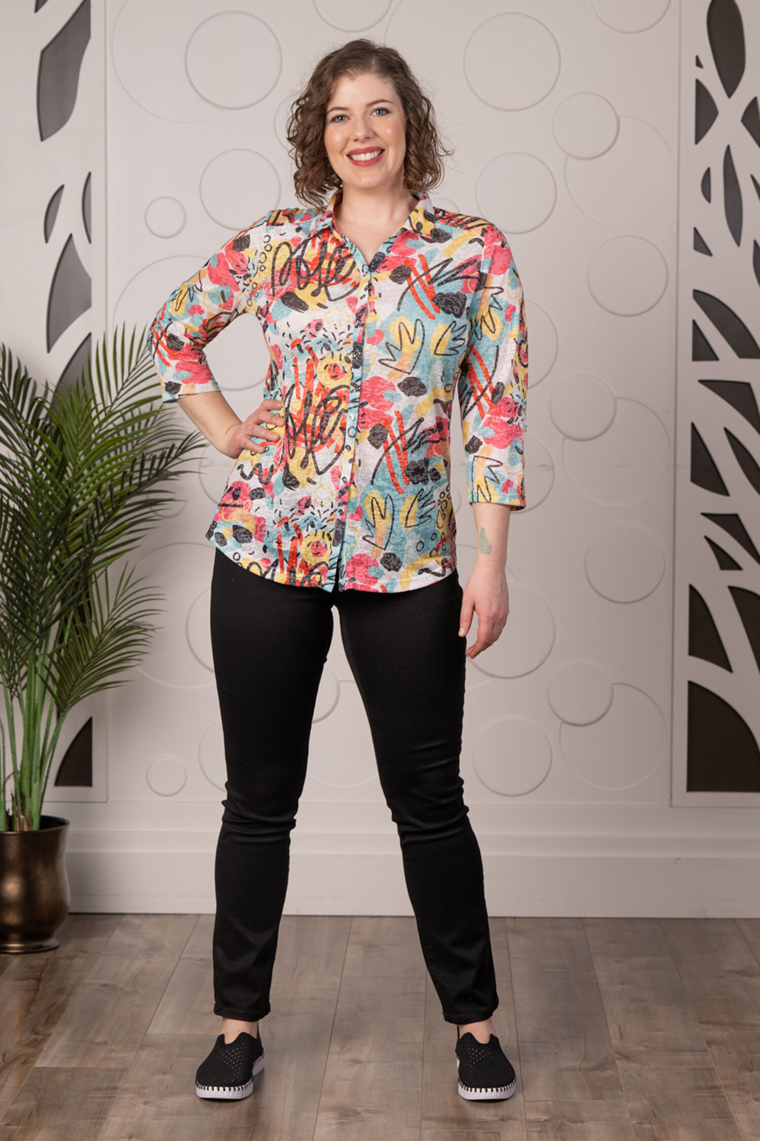 &frac34; Sleeve Button Front Burnout Top Image 2