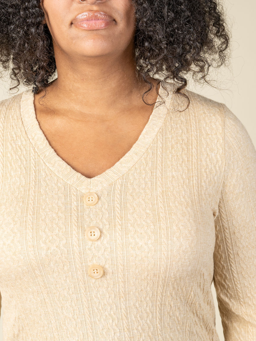 3/4 Sleeve Cable Knit V-Neck Top With Buttons Image 3