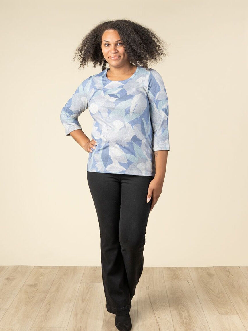 Floral Abstract 3/4 Sleeve Top With Hotfix