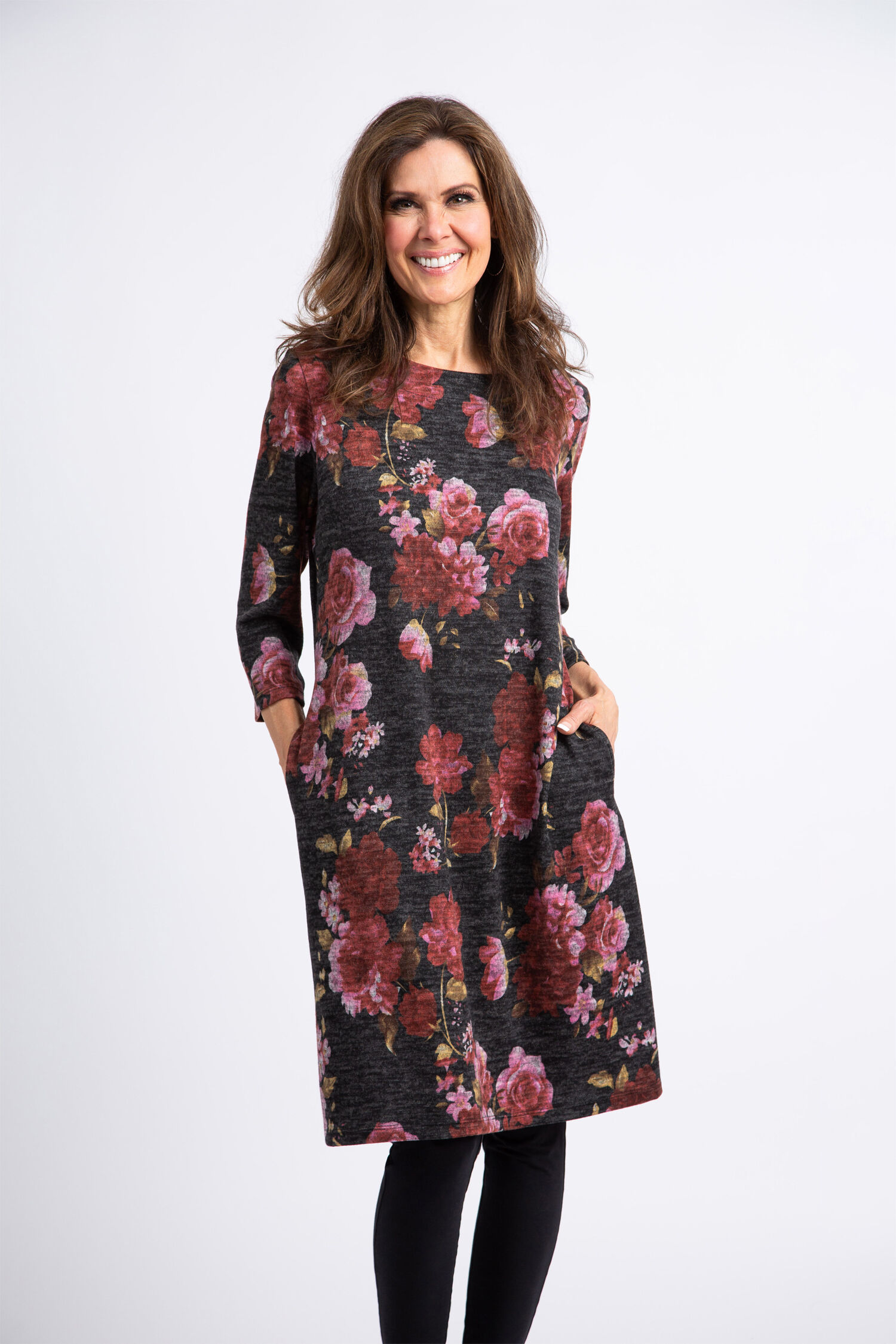 &frac34; Sleeve Knee Length Floral Dress  Image 1