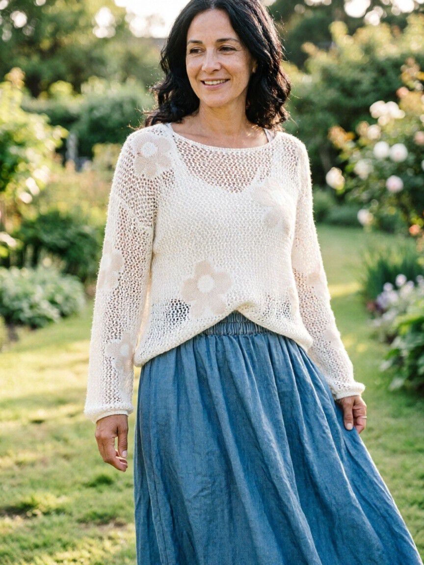 Long Sleeve Open Knit Sweater With Flowers Image 1