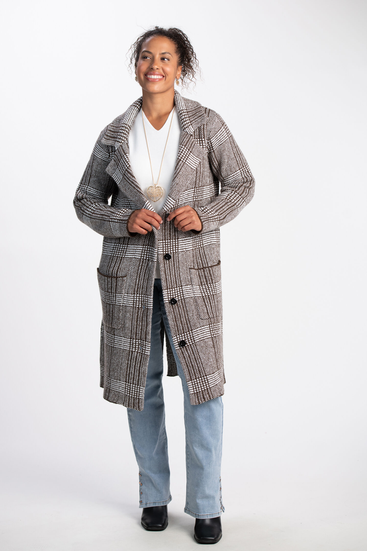 Long Plaid Button-Up Coat Image 1