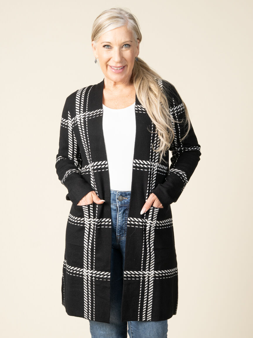 Long Sleeve Open Front Plaid Cardigan with Pockets