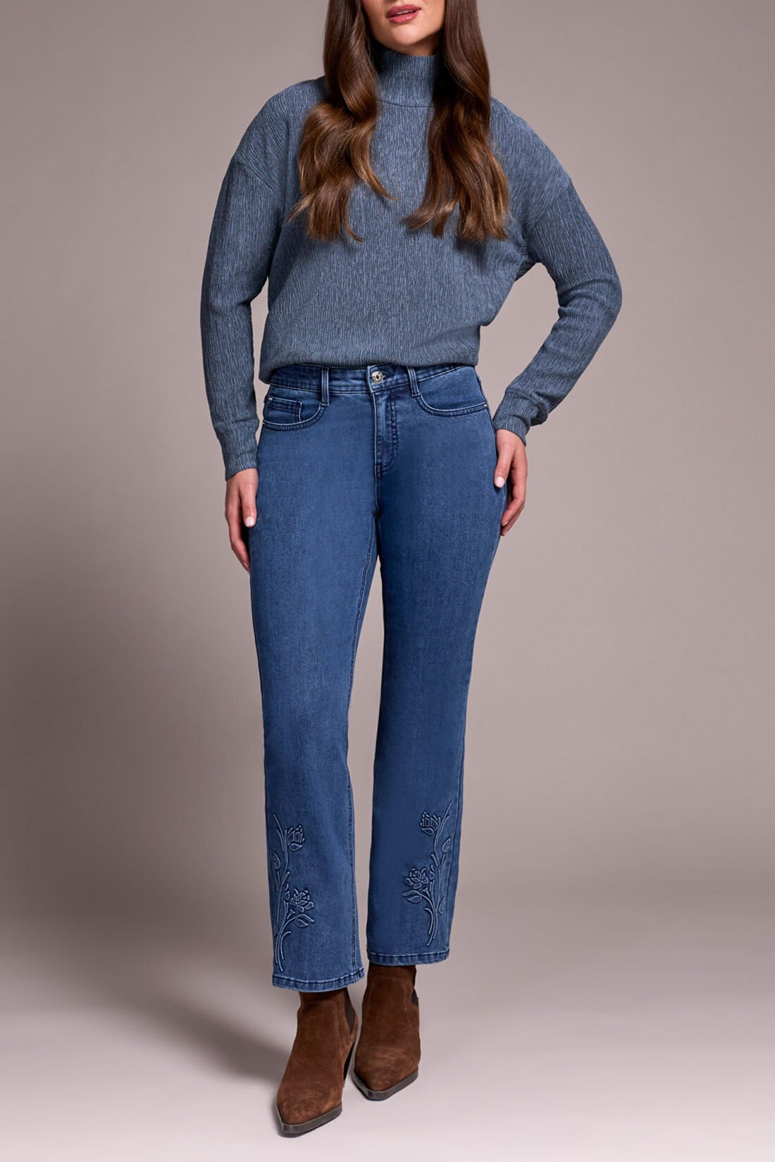 Audrey High Rise Kick Flare Jeans w/ Embroidered Detail