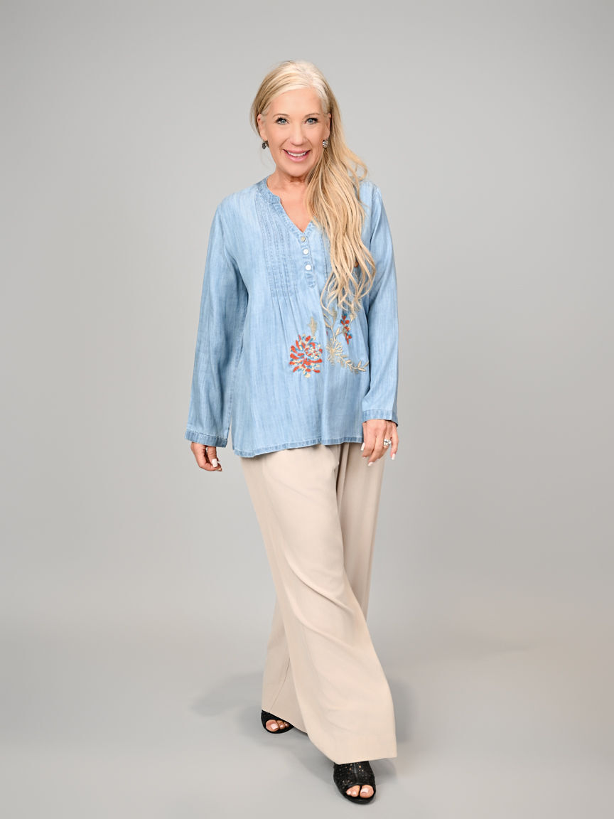 Long Sleeve Denim Tunic With Embroidery