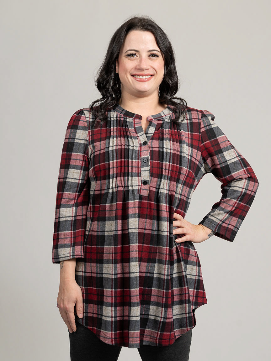 &frac34; Sleeve Plaid Blouse