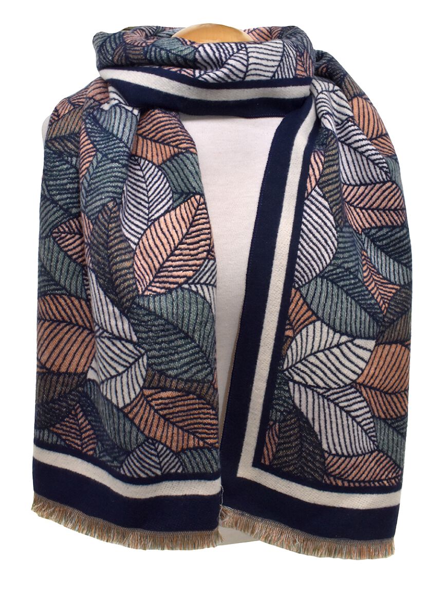 Bordered Leaf Print Tassel Scarf