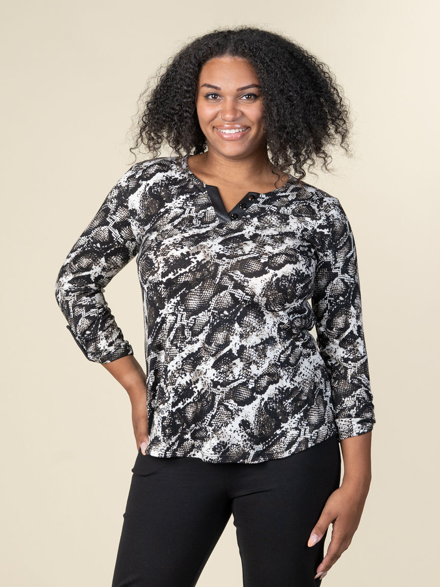 Long Sleeve Animal Print Top With Roll Tabs