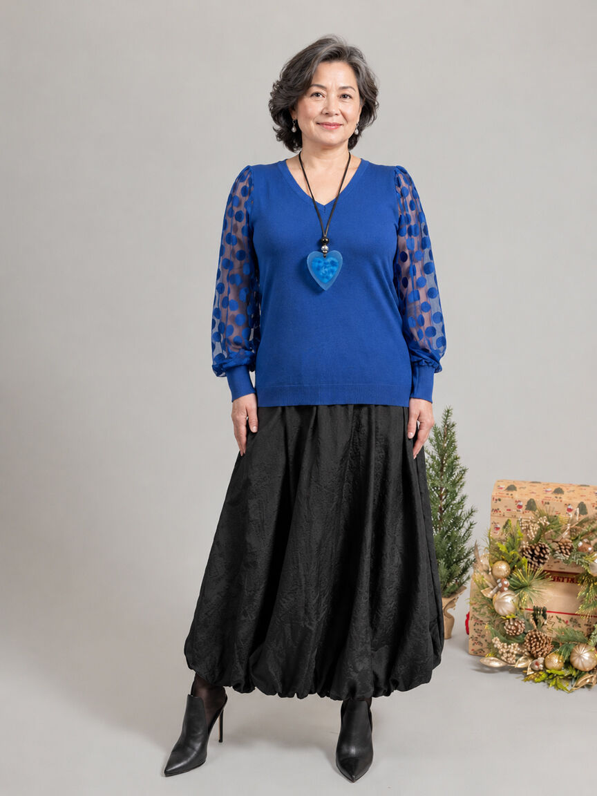 Black V-Neck Sweater w/ Sheer Polka Dot Sleeves
