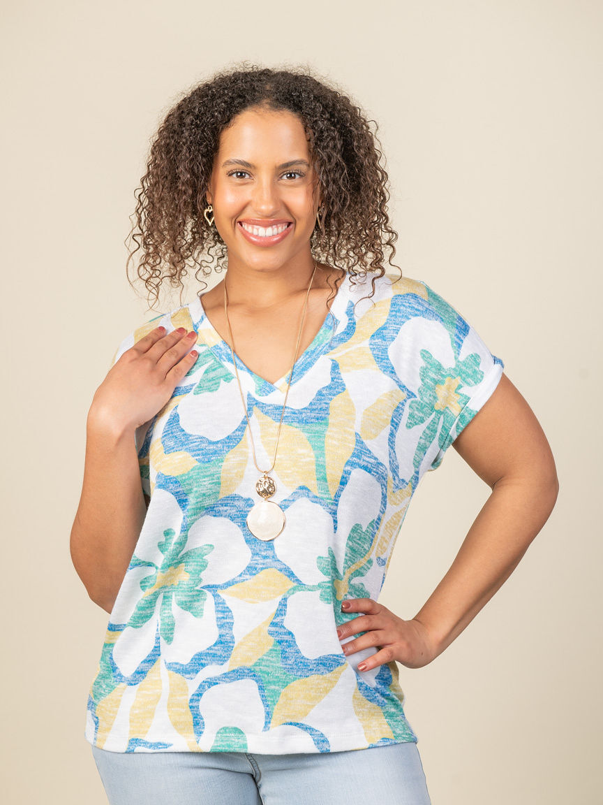 Printed Hatchi Cap-Sleeve V-Neck Top With Ladder Tape Detail Image 1