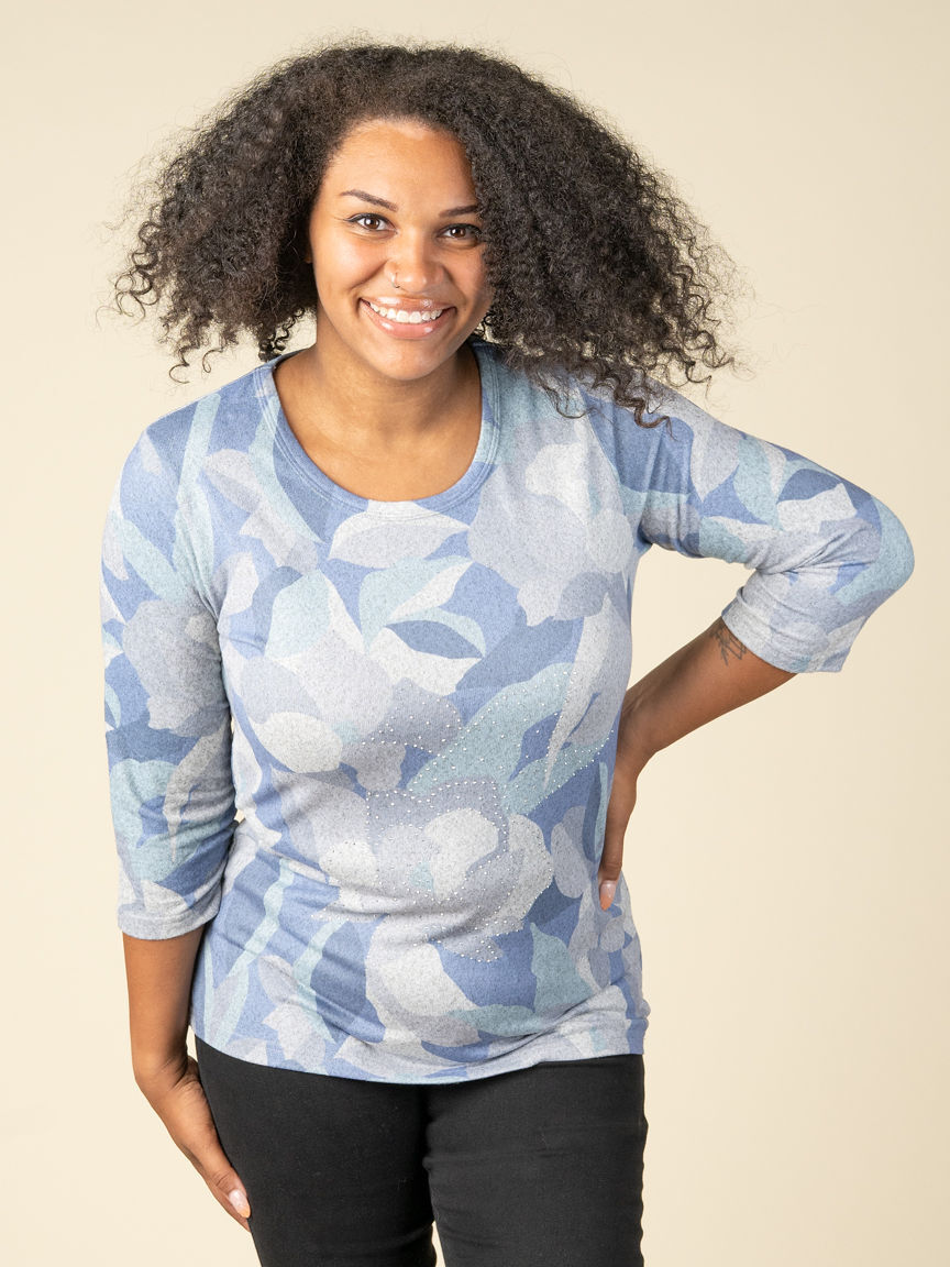 Floral Abstract 3/4 Sleeve Top With Hotfix