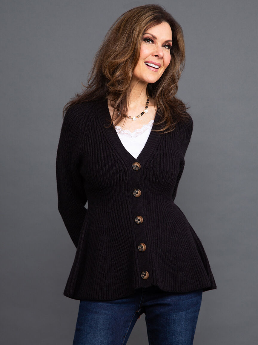 V-Neck Cardigan w/ Peplum Hem Image 2