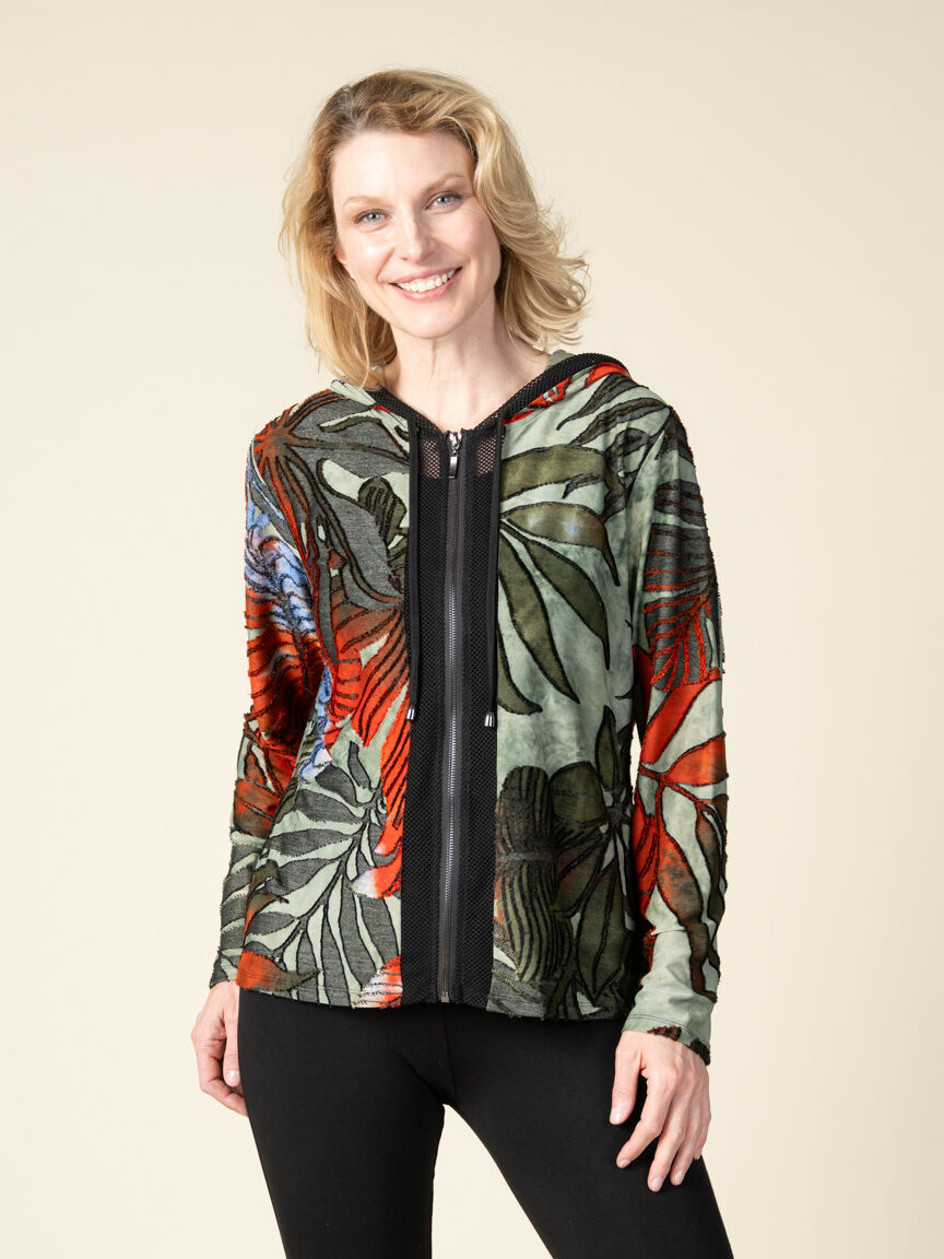 Long Sleeve Mesh Panel Front Zip Cardigan with Hood Image 2